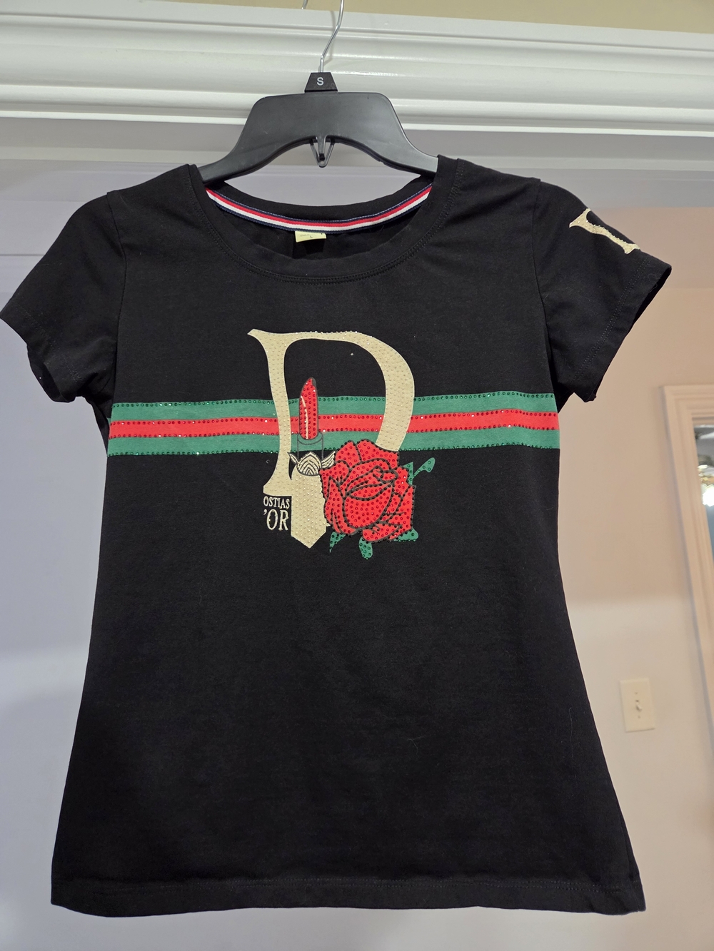 D Initial Black Tshirt With Red Rose